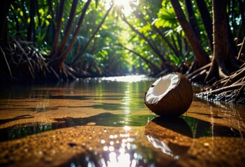 In the mangrove forest, dried coconuts fall into the water canal, casting shadows of the coconut trees