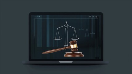 Laptop with online courtroom on screen With the hammer and scales of justice.Generative AI illustration