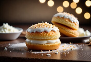 Indulge in the deliciousness of coconut cookies accompanied by creamy white dessert sponge - obrazy, fototapety, plakaty