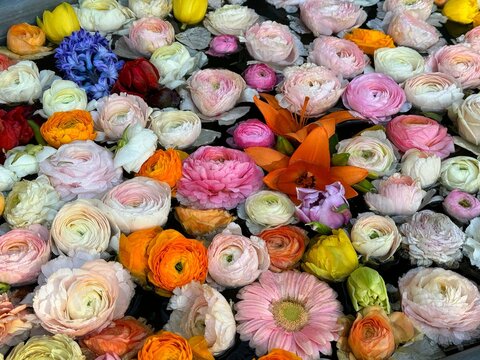 Beautiful flowers roses, lily, hyacinth, ranunculus, herbera pink white yellow petals.
