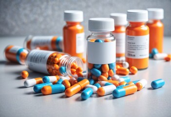 medication pills arranged in pill bottles against a complementary background