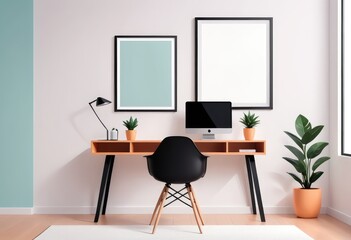 Mockup of an empty poster frame in a modern interior, perfect for displaying in a home office or living room 
