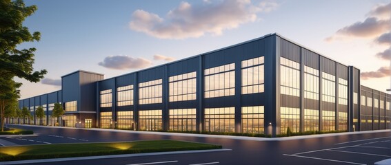 Modern 3D rendering depicting a large factory silhouette against the dusk sky - obrazy, fototapety, plakaty