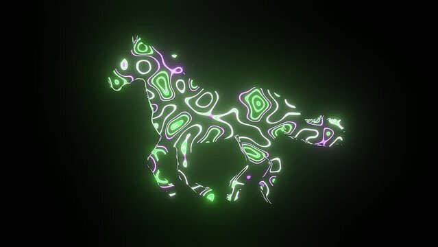 4K video animation of beautiful green texture or pattern formation on the horse body shape, isolated on a black background. 3d rendering abstract loop animation neon lighting effect on the horse.
