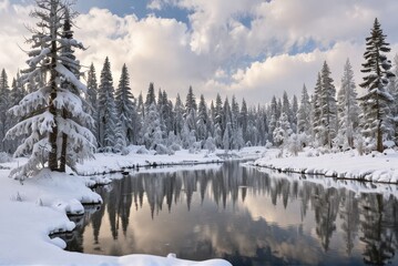 Fototapeta na wymiar Panoramic view of a beautiful winter landscape with snow-covered trees surrounding a serene lake