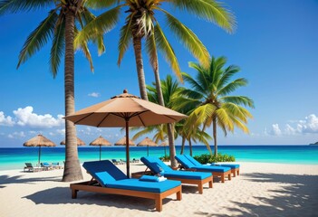 Fototapeta na wymiar poolside luxury, palm-fringed beach, azure waters, and endless summer skies