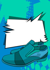 Cartoon Elegant Shoes with blank speech bubble, comic book Leather Footwear background. Retro vector comics pop art design.