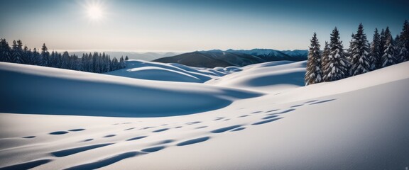 Pristine snowdrifts and shadows cast in a serene landscape