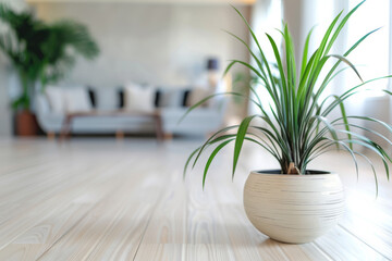 A modern living room interior design featuring a natural green plant pot on a glossy white wooden floor - obrazy, fototapety, plakaty