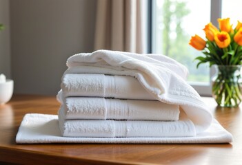 Soft, freshly laundered towels neatly arranged on a table, ready to envelop in comfort and warmth