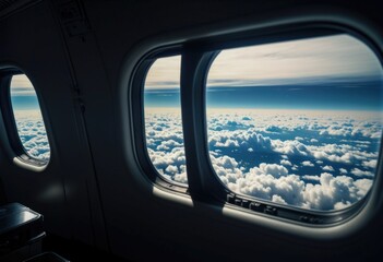 Step into the cozy interior of an airplane, where you can gaze out the window and admire the clouds
