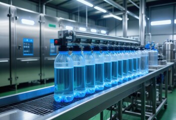 The drink water factory utilizes a UV light disinfection and sterilization system on the production line to clean drinking water bottles and tanks - obrazy, fototapety, plakaty