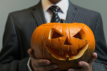 A businessman showcasing a pumpkin in the spirit of the Halloween holiday