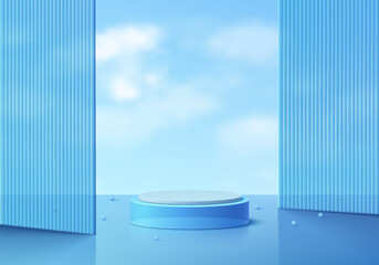Realistic 3D blue crystal glass cylinder podium background with vertical partition and blue sky. Minimal scene mockup product stage showcase, Banner promotion display. Abstract vector geometric forms.