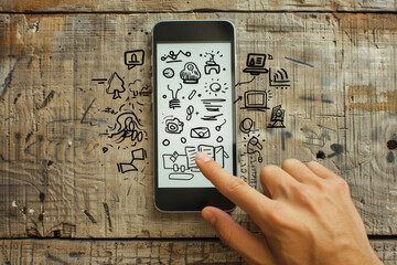 Top view of a finger touching the screen of a cellphone with abstract communication sketches on a wooden background. Illustrating the concept of social media