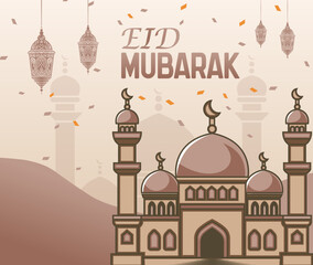 eid Mubarak Poster. Eid Mubarak background with mosque and hanging lamp