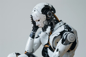 A humanoid robot in contemplation on a white background