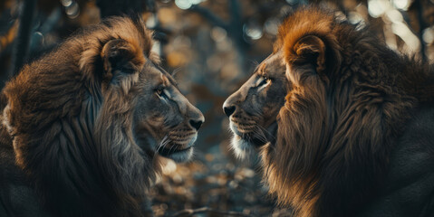 Two lions in a forest looking at each other, the style is dreamy and romantic with a close-up perspective.