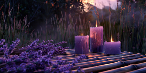 Lavender candles on a slatted rattan bed, in a naturalistic landscape background with dreamy atmospheres.
