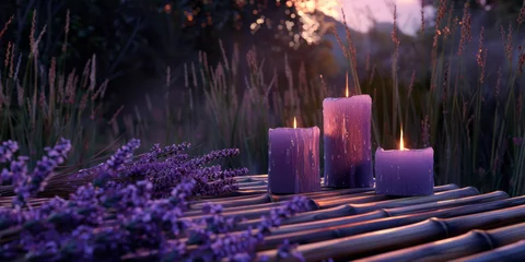 Poster Lavender candles on a slatted rattan bed, in a naturalistic landscape background with dreamy atmospheres. © Duka Mer