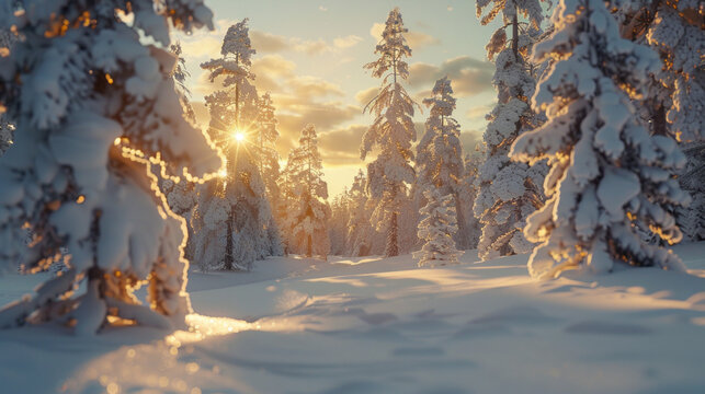 The sun shines on snow covered trees in a winter forest, shown in a captivating style with emotional imagery and richly colored skies.