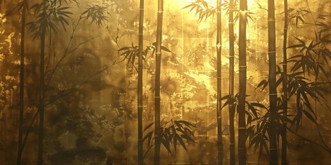 A bamboo forest on mulberry paper, monumental in style with a light amber palette and a gold leaf overlay and mist. - obrazy, fototapety, plakaty