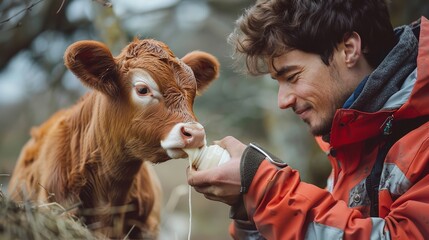 Portrait of a man feeding a baby cow milk with bottle with a blurry backdrop and a big space for text or product, Generative AI. - obrazy, fototapety, plakaty