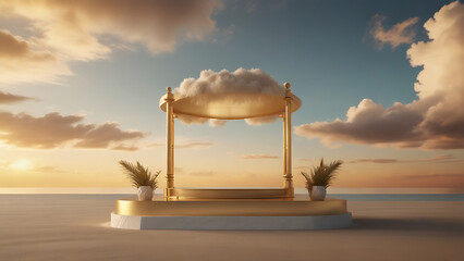Empty product podium with golden metal elegant set against a sunset beach scene with some clouds in the sky, clouds