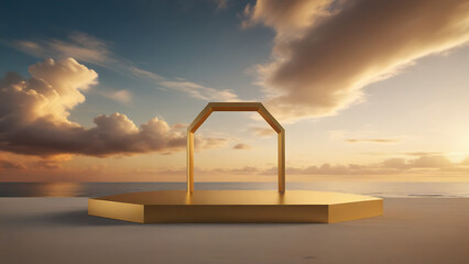 Fototapeta premium Empty product podium with golden metal elegant set against a sunset beach scene with some clouds in the sky, 
