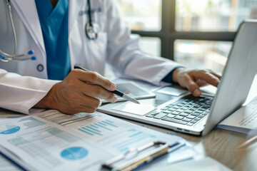 A medicine doctor working on a digital tablet and laptop computer, searching for information with medical documents on the table. Close-up view of the doctor writing prescriptions and filling out heal