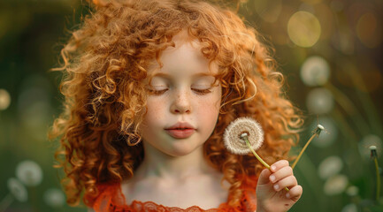 A cute little girl with red curly hair blowing on the dandelion flower