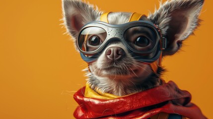 A brave Chihuahua dog dons flying goggles and a scarf, ready for a whimsical adventure, with a bold orange backdrop.
