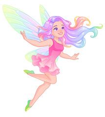 Obraz na płótnie Canvas Beautiful flying fairy with wings and rainbow hair. Vector illustration.