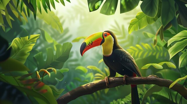 Portrait of a Toucan tropical bird sitting on tree brunch among jungle with a big space for text or product, Generative AI.