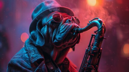 A talented bulldog plays the saxophone with gusto, adorned in a stylish outfit against a backdrop of dynamic red stage lighting. - obrazy, fototapety, plakaty