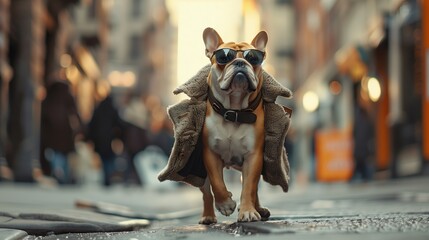 A confident French bulldog struts down a city street in sunglasses and a chic jacket, epitomizing...