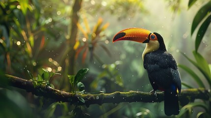 Portrait of a Toucan tropical bird sitting on tree brunch among jungle with a big space for text or product, Generative AI. - obrazy, fototapety, plakaty