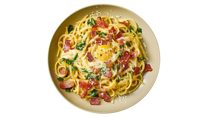 Fototapeta na wymiar Mouthwatering Plate of Spaghetti Carbonara, Topped with Crispy Bacon, Grated Parmesan Cheese, Creamy Egg Sauce, Inviting Indulgence