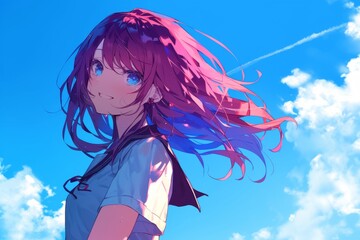 a beautiful anime girl looking into the camera, sad emotion while wind blowing