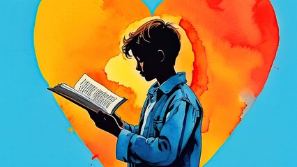 Silhouette boy standing with an open book. Watercolor Image in light blue, yellow, red and orange colors