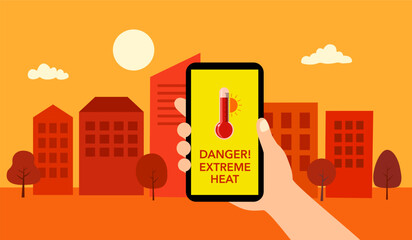 Hand holding smartphone with weather forecast on mobile app. Extreme heat hot summer day. Tropical climate.