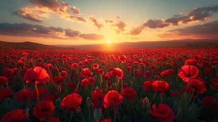 Breathtaking landscape of a poppy field at sunset with the sun dipping low on the horizon - Generative AI - obrazy, fototapety, plakaty
