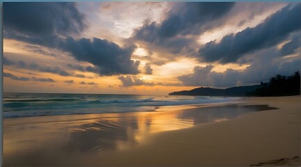 Fototapeta na wymiar Phuket beach sunset, Thailand, Asia, with a beautiful, overcast dusk sky reflecting on the sand and a view of the Indian Ocean.