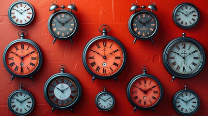 Circular formation of wall clocks on red background - generative AI