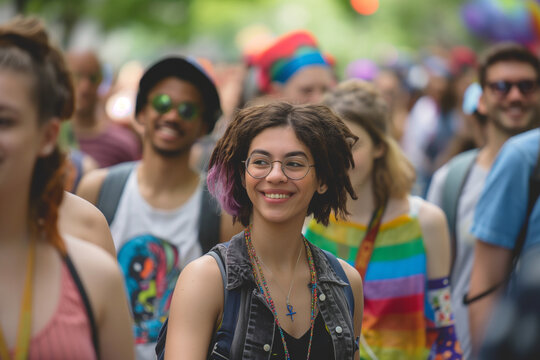Multiracial gay people having fun at pride parade with LGBT flags, lesbian girl