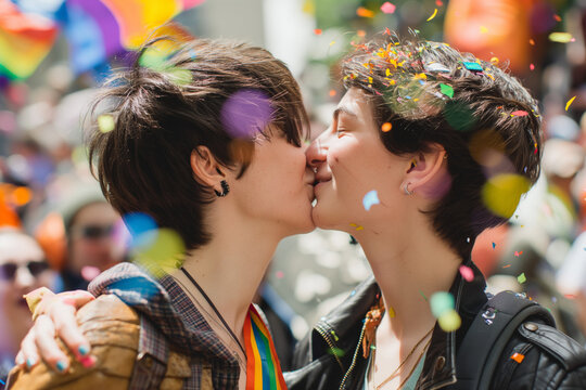 Multiracial gay people having fun at pride parade with LGBT flags, lesbian girls kiss