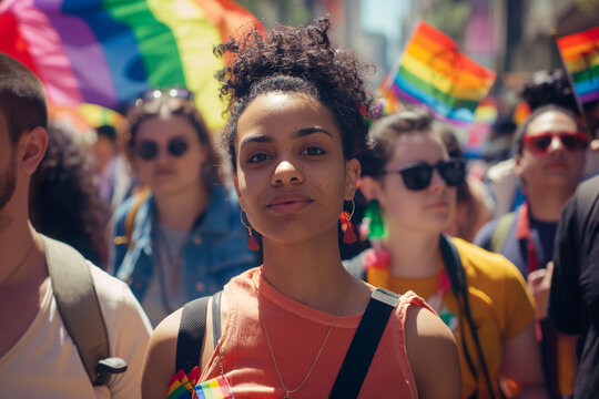 Multiracial gay people having fun at pride parade with LGBT flags, lesbian girl