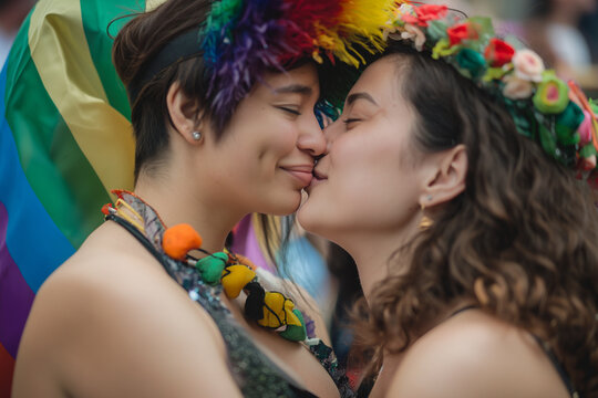 Multiracial gay people having fun at pride parade with LGBT flags, lesbian girls kiss