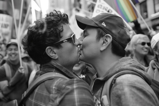 Multiracial gay people having fun at pride parade with LGBT flags, gay boy kiss