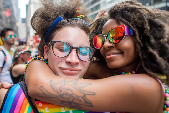 Multiracial gay people having fun at pride parade with LGBT flags, lesbian girl